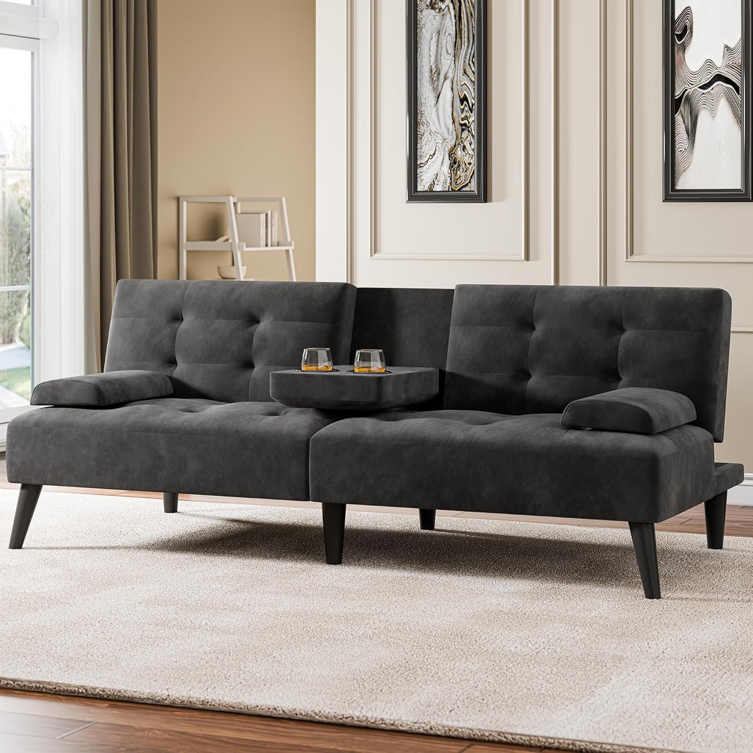 Meilocar 64 Futon Sofa Bed, 64 Convertible Loveseat with 2 Cup Holders, Small Couch with 3 Adjustable Angles & Removable Armrest, Sleeper Sofa for Apartment, 5.3 FT, Black