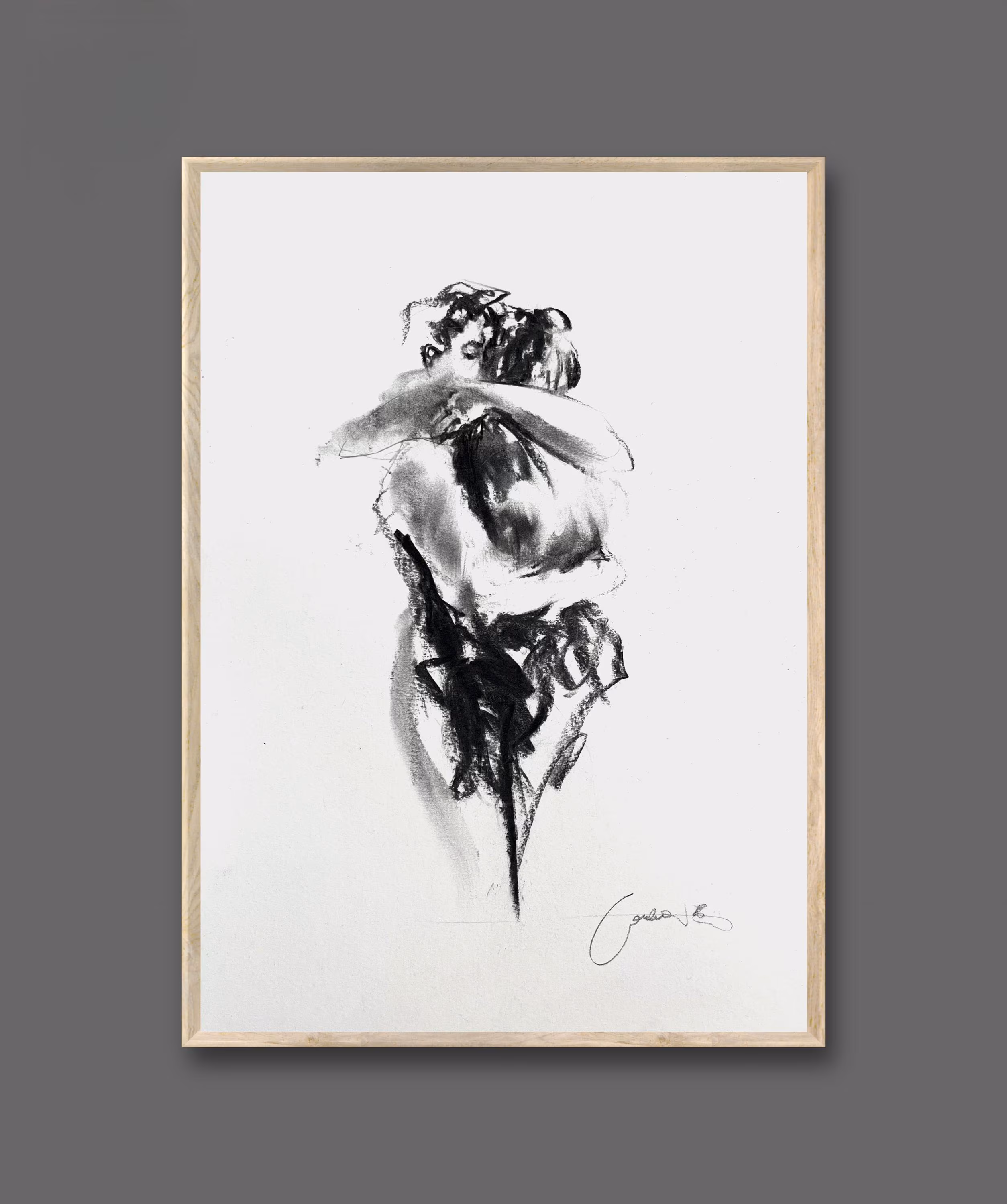 Charcoal Couple Drawing Original Lovers Art 12x16.5 inches Romantic Bedroom Decoration