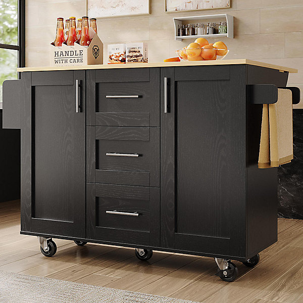 Îlot Cuisine Rangement Snacks Armoires Roulettes Noir Blackcolors