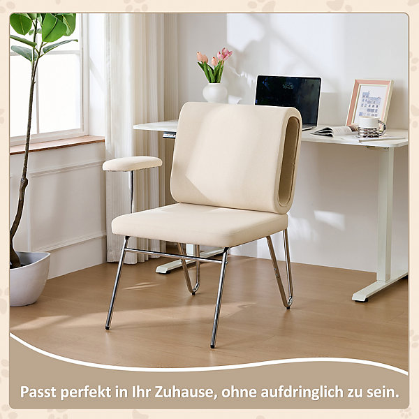 Chaise de Bureau avec Niche pour Chat, Chaise Rotative, Accoudoirs Réglables, Pieds Métal, Tissu MDF - Beige