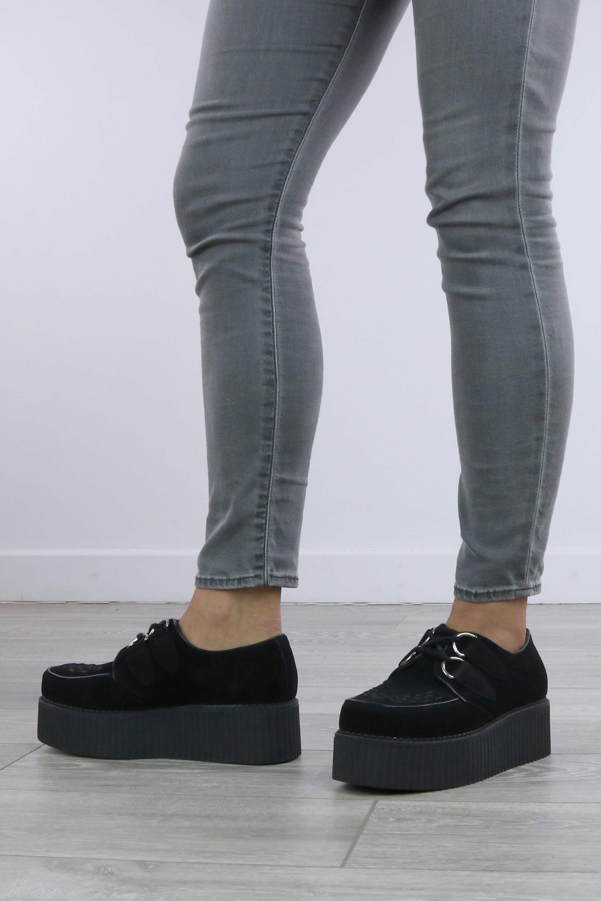 AJVANI Mid Wedge Heel Lace Up Double Platform Creeper Brogues
