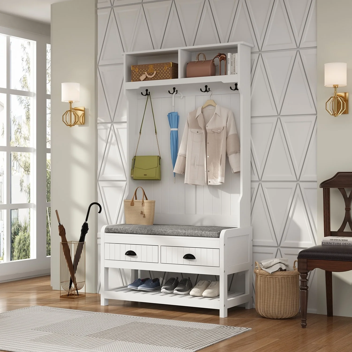 Timechee 34.3'' Wide Hall Tree with Bench and Shoe Storage