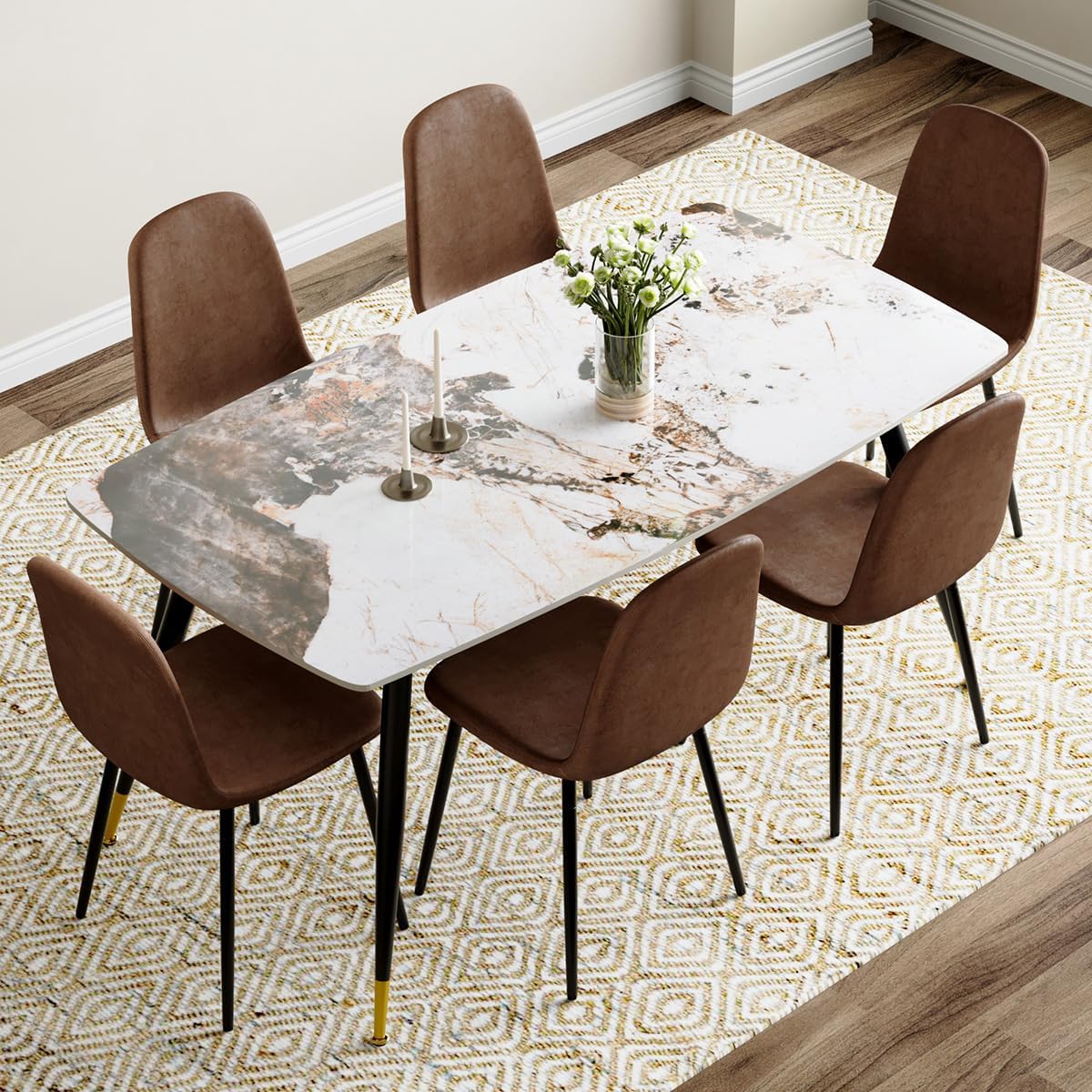 Dinner Table Set for 6, Sintered Stone Kitchen Table Top and Modern Chairs Set of 6 for Kitchen Dining Room