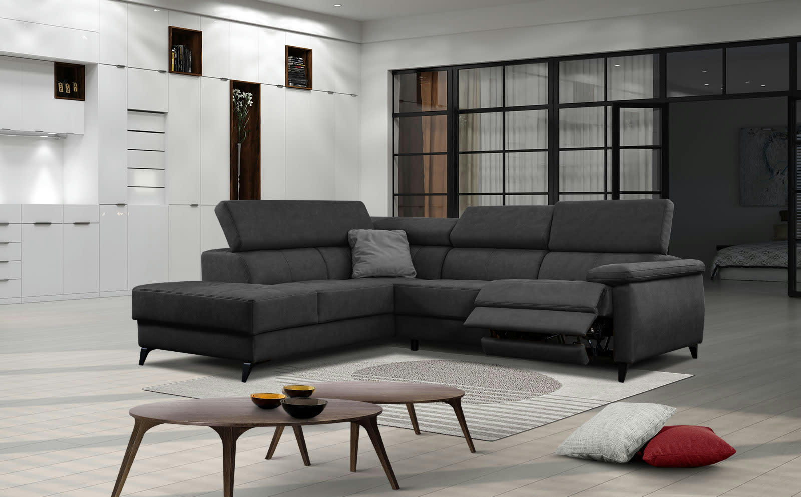 TAUNUS - Le canapé d'angle gauche 5 places noir avec une relaxation