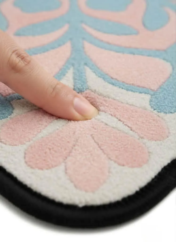 Hand Tufted Wool Flower Rug, Pastel Blue Pink Scalloped Floral Nursery Decor
