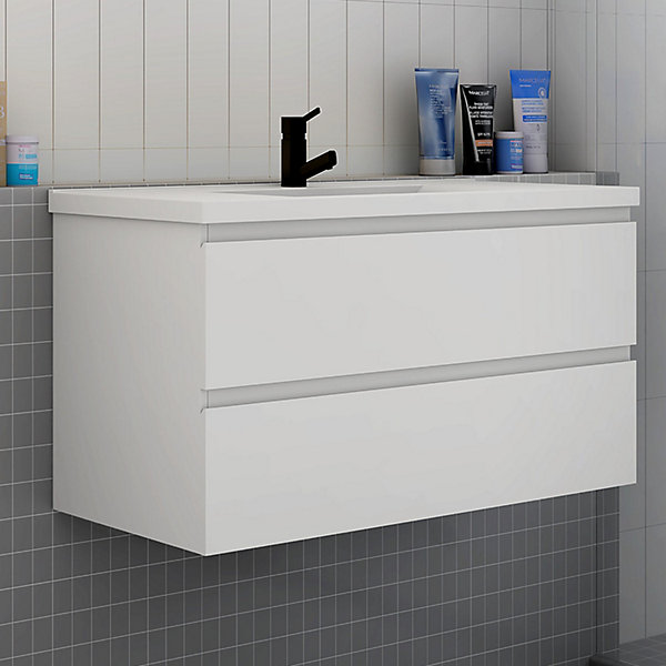 Ensemble meuble blanc et vasque L.100cm 2 tiroirs   colonne haut   lavabo   miroir 80x60cm-suspendu