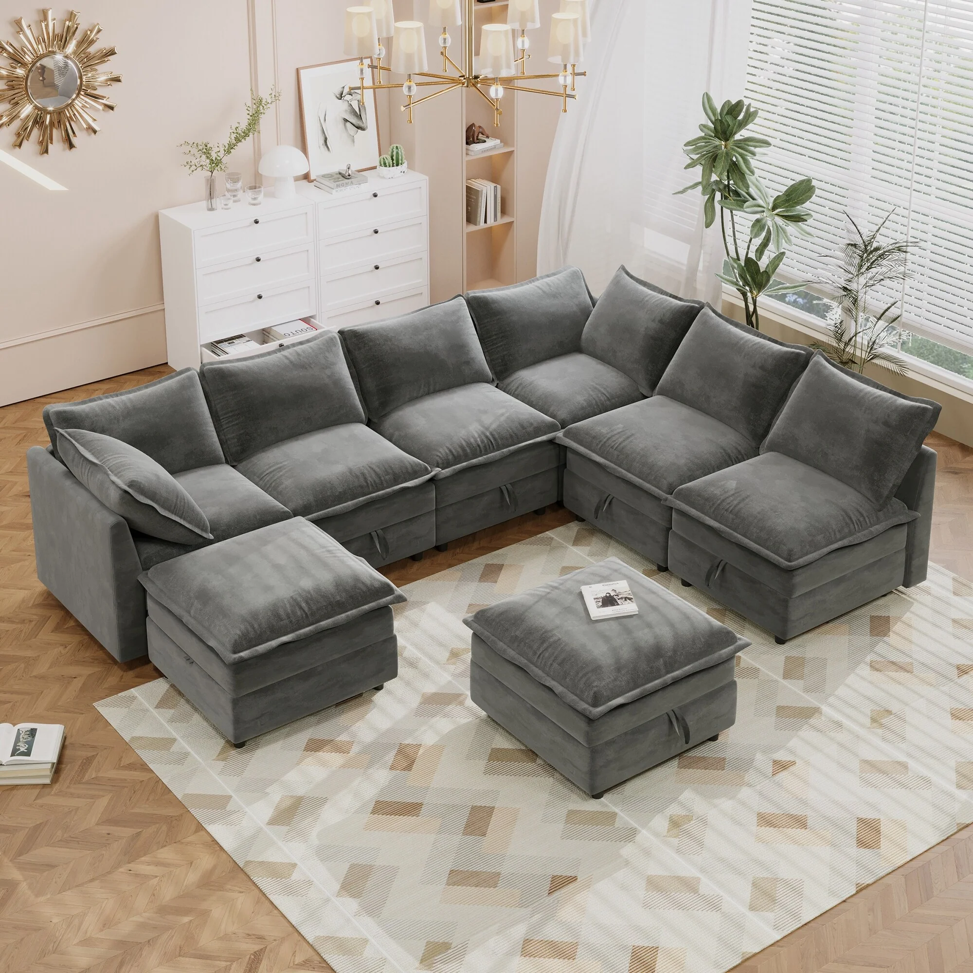 Modern 8 Piece Modular Sectional Sofa with Hidden Storage and Wide Cushions for Living Room or Guest Room
