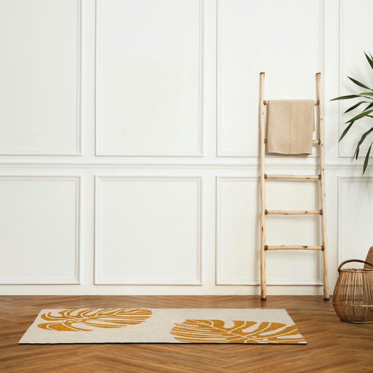 MONSTERA - Tapis coton fantaisie blanc et jaune blanc 60x120cm