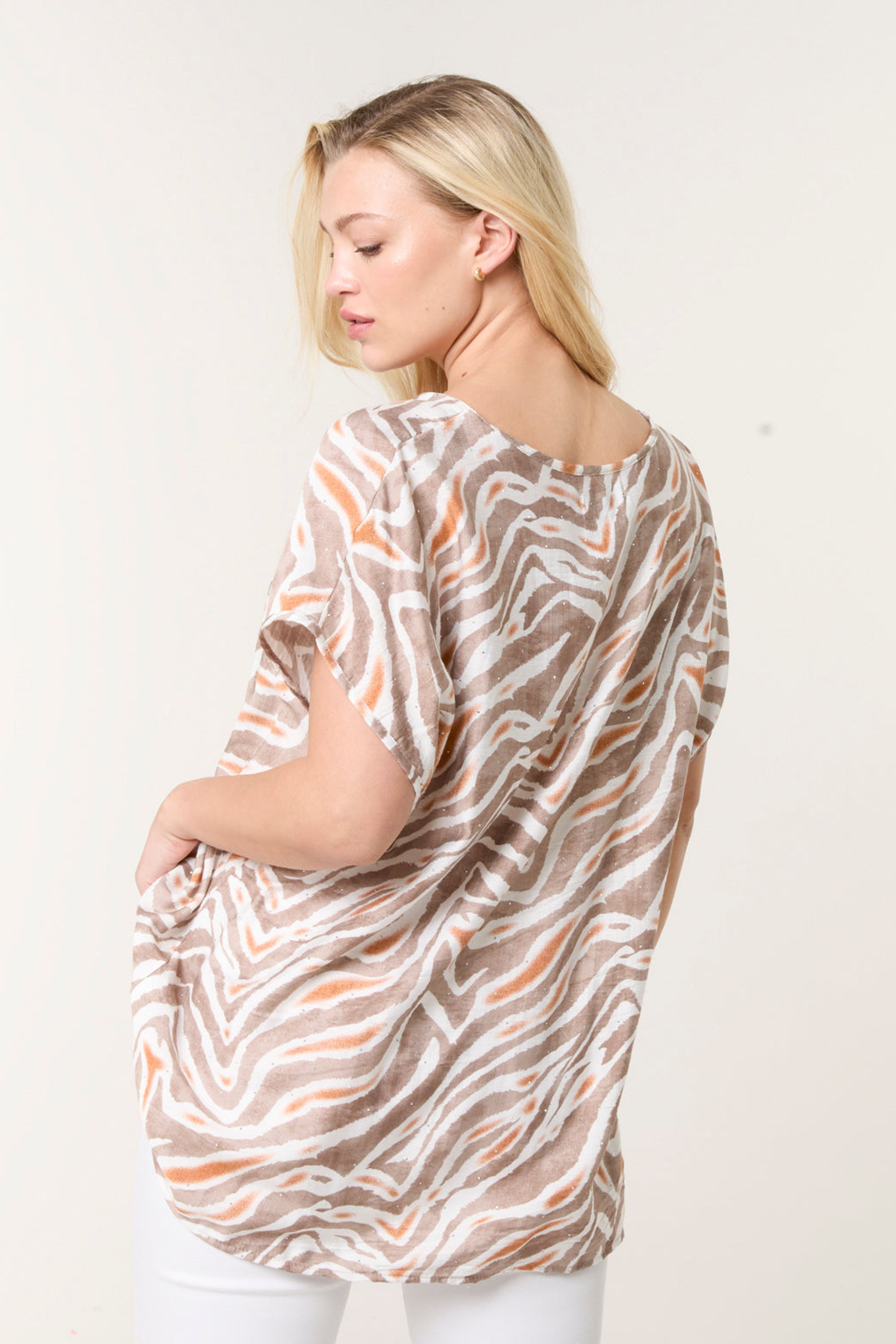 Blue Vanilla Taupe Animal Printed Diamante Detailed Top