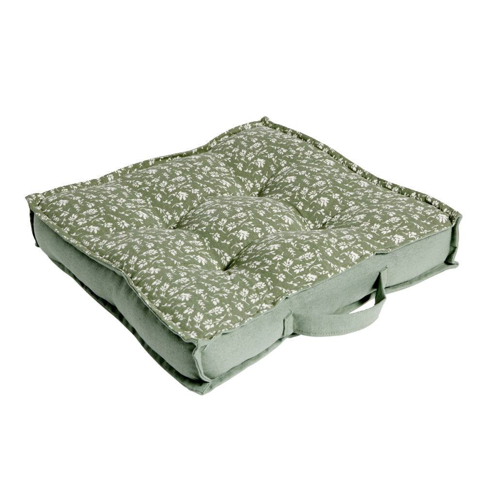 Coussin de sol carré vert sapin motif floral blanc 40x40cm