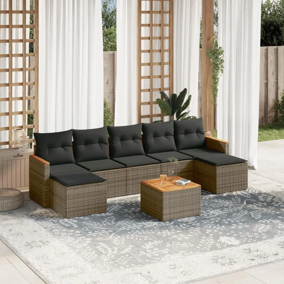 vidaXL Loungeset voor 7 met kussens en salontafel - Gris - Poly rattan - 8 stuks
