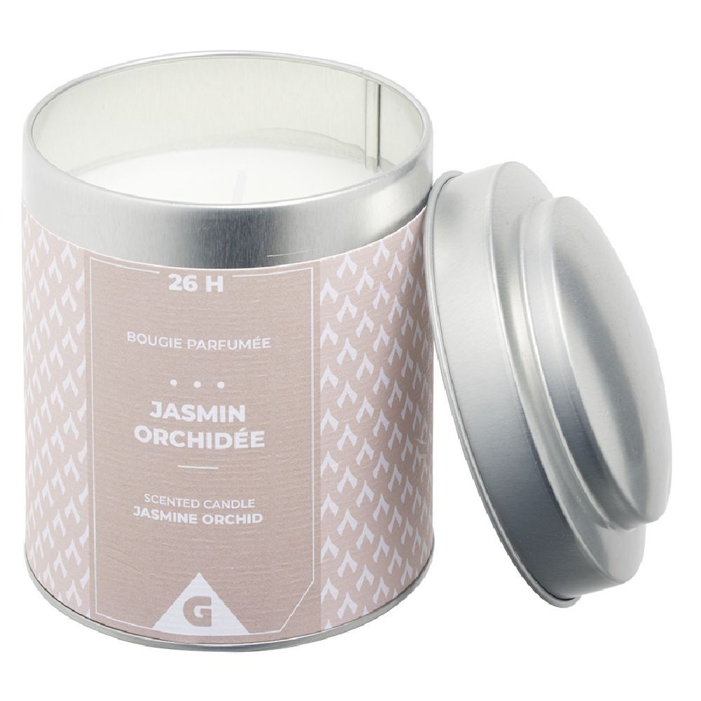 Bougie parfumée pot métal gris et beige senteur jasmin orchidée 26H