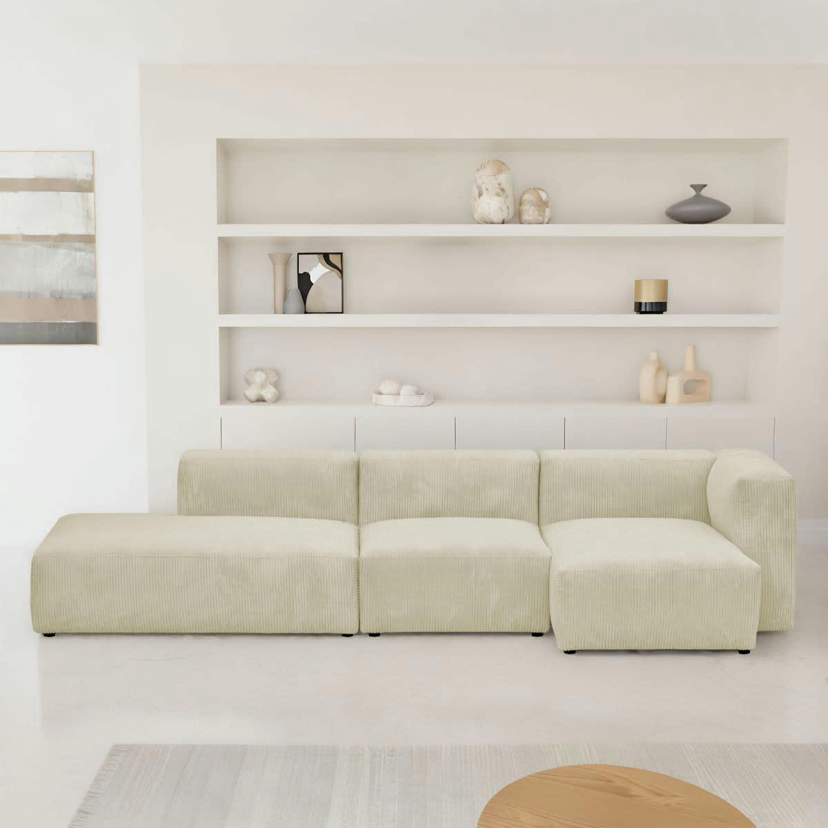 MODULO - Canapé modulable angle droit 5 places en velours côtelé beige