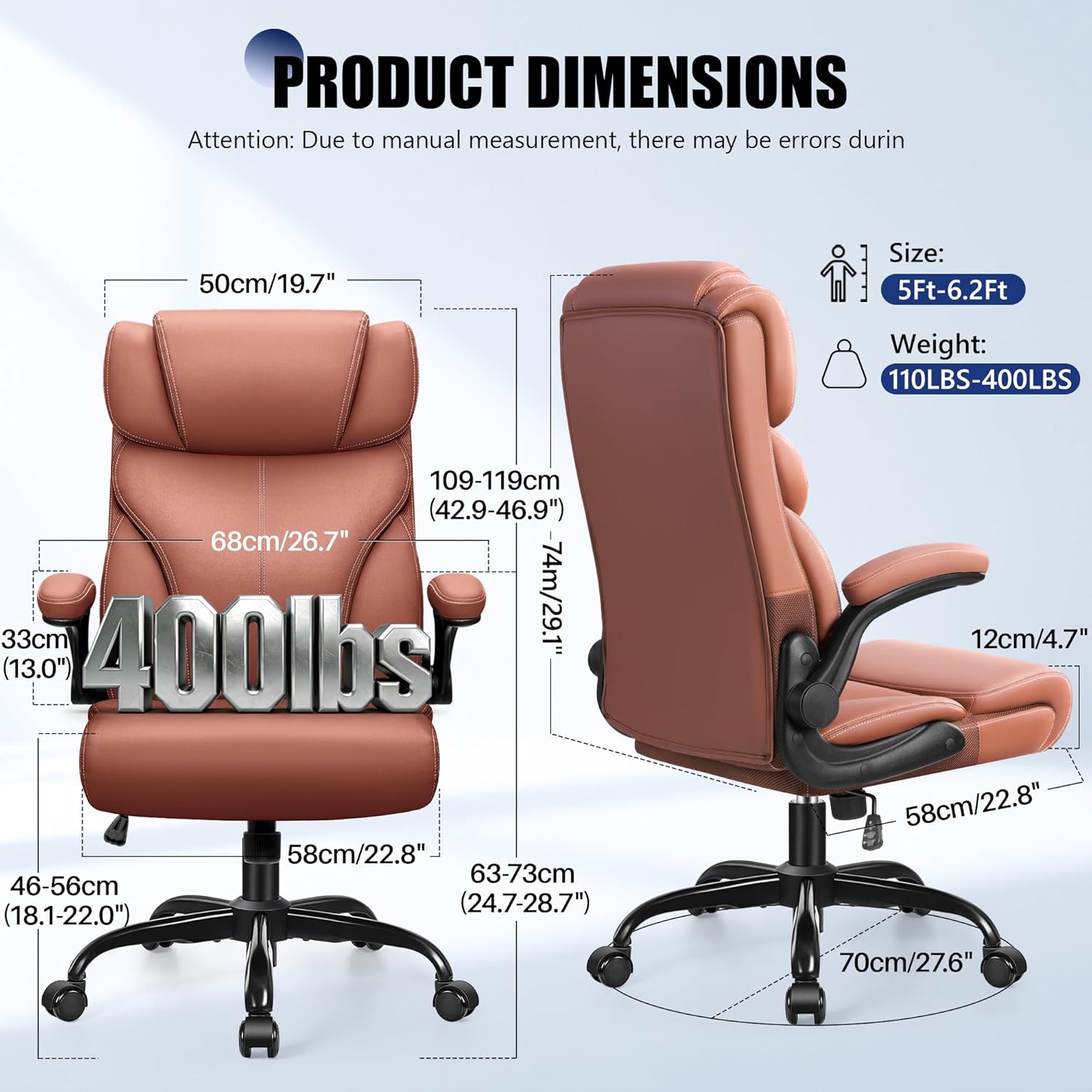 Primy Office Chair, Ergonomic Leather Desk Chair with Flip-up Armrests, Big and Tall High Back Executive Computer & Gaming Chair with Footrest, Comfy Padded, Rocking Function and Lumbar Support(Brown)