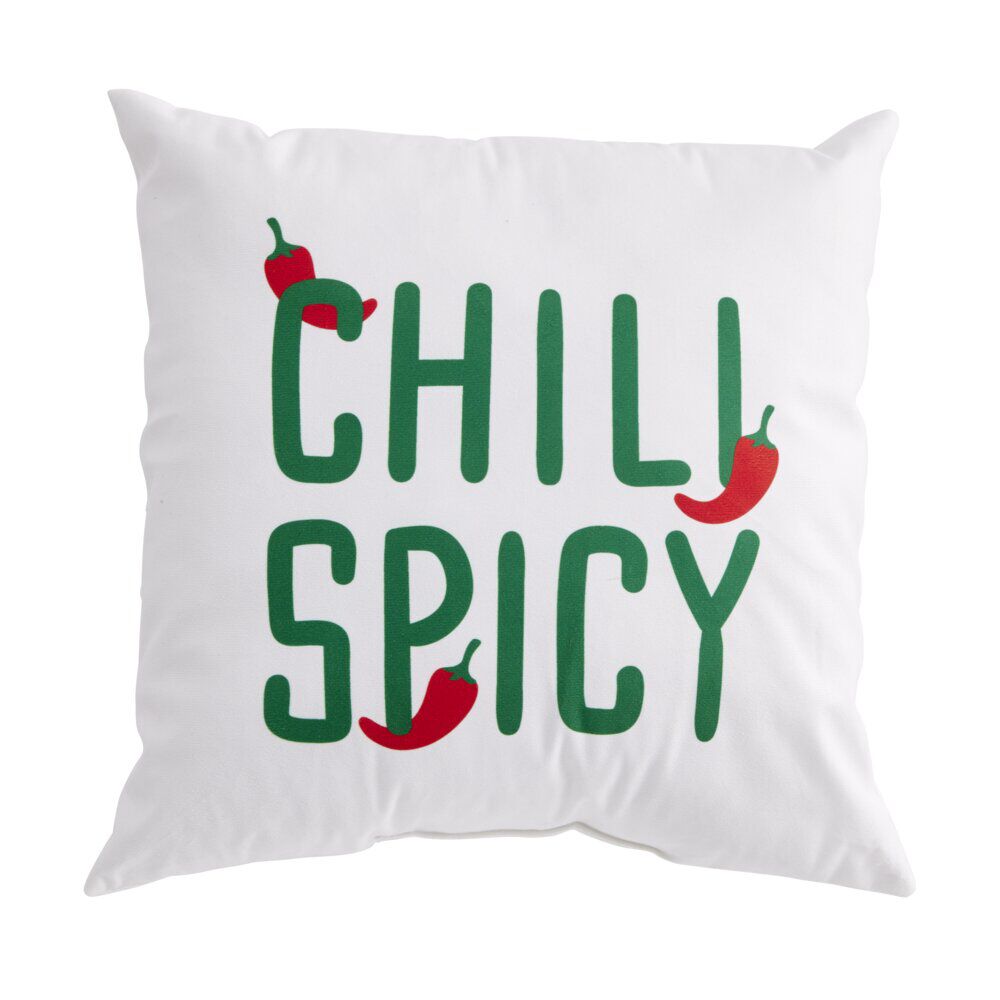Coussin carré inscription Chili Spicy motif piment blanc vert rouge 40x40cm