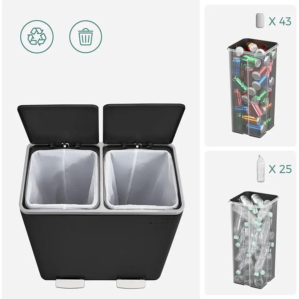 Parya Home - Zwarte Prullenbak - 2 x 30 Liter - Roestvrij Staal