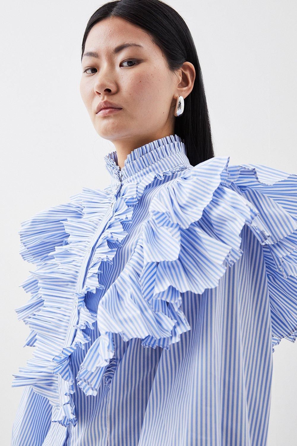 KarenMillen Pleated Striped Ruffle Woven Shirt