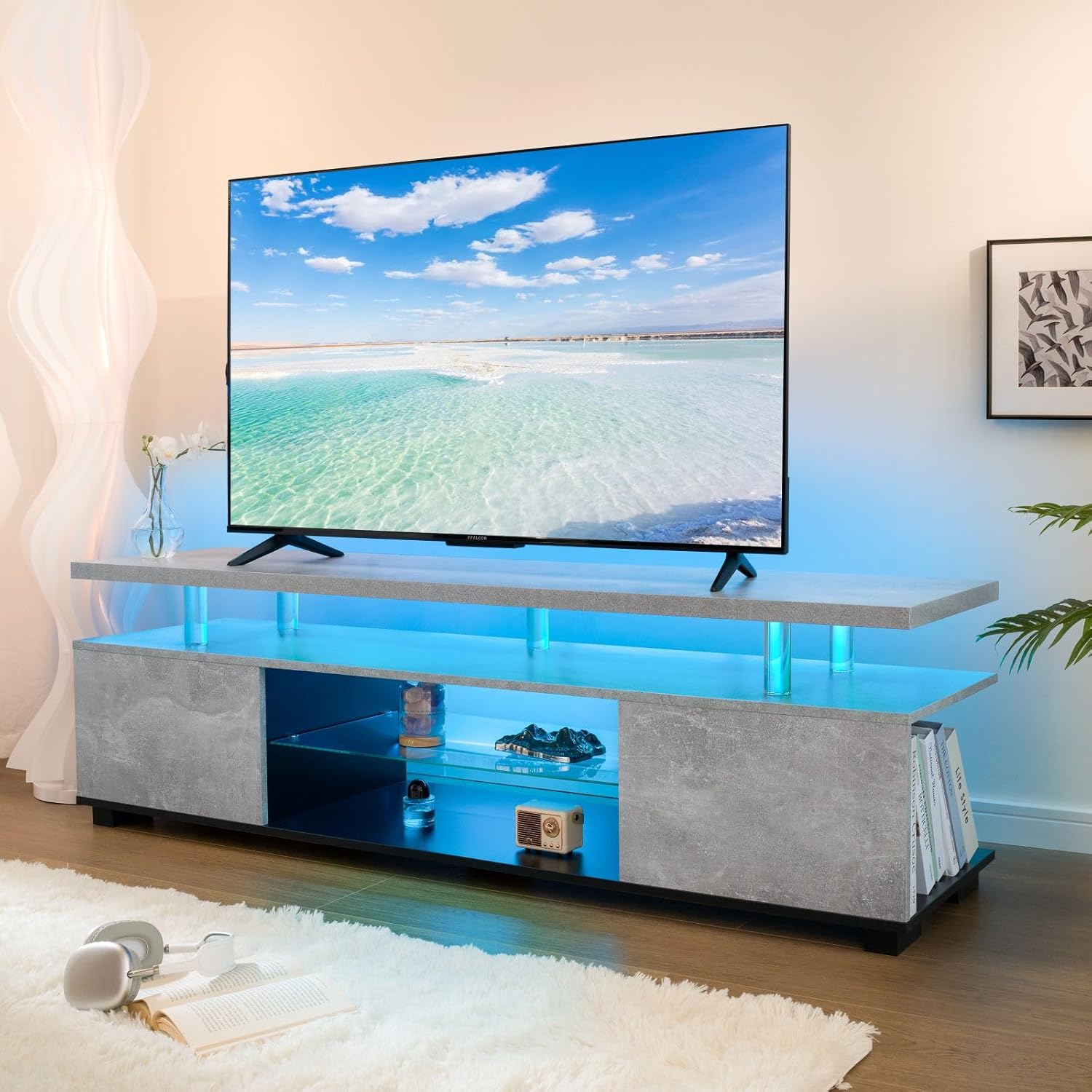 TV Entertainment Center LED TV Stand, Gaming Center for 65 70 75inch TV, Black Grey TV Stand with Storage, TV Console for Gaming Living Room, Bedroom and Playroom