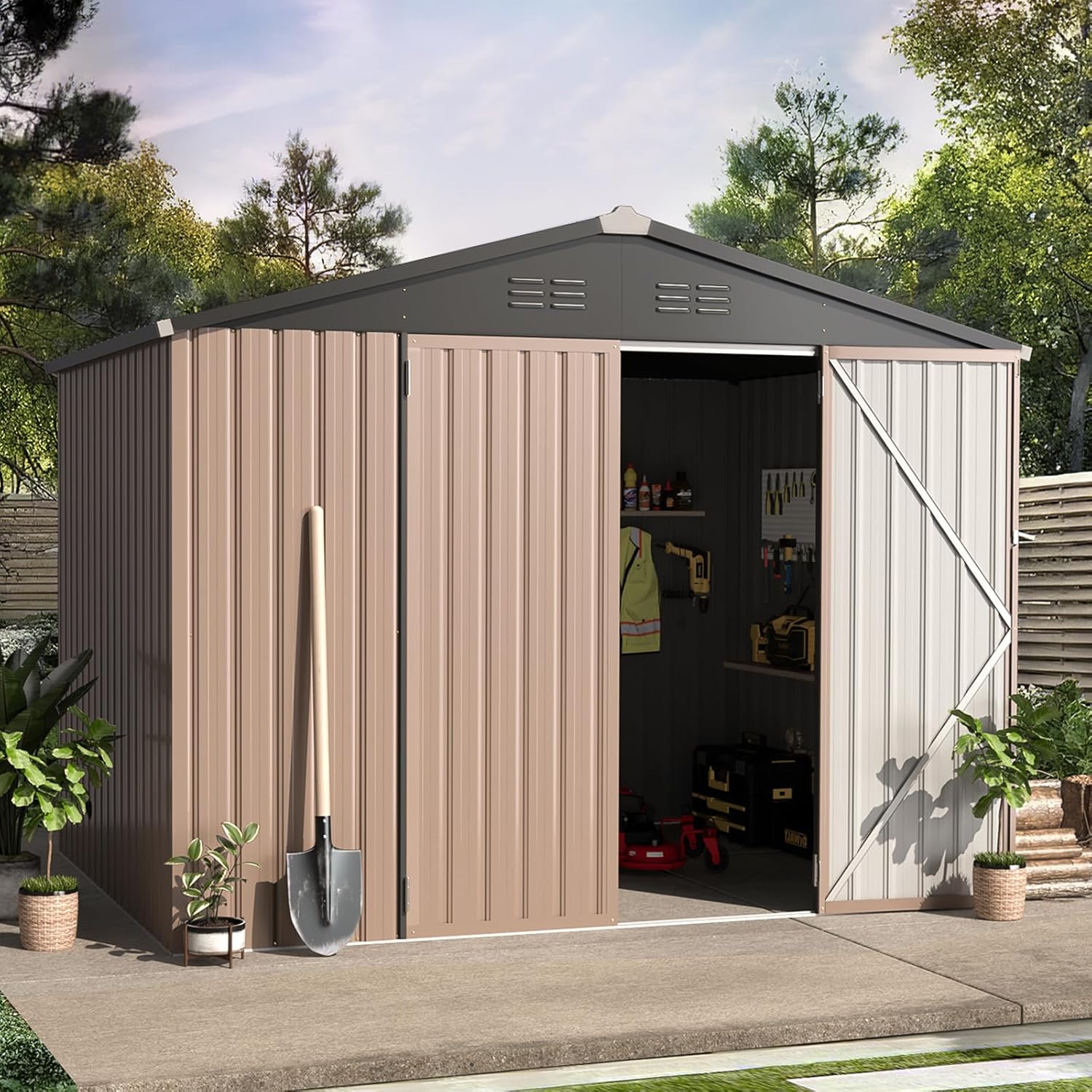 AECOJOY 8' x 6' Metal Storage Shed for Outdoor  Steel Backyard 6x8 Sheds & Outdoor Storage with Lockable Doors  Utility and Tool Storage for Garden  Backyard  Patio  Outside use