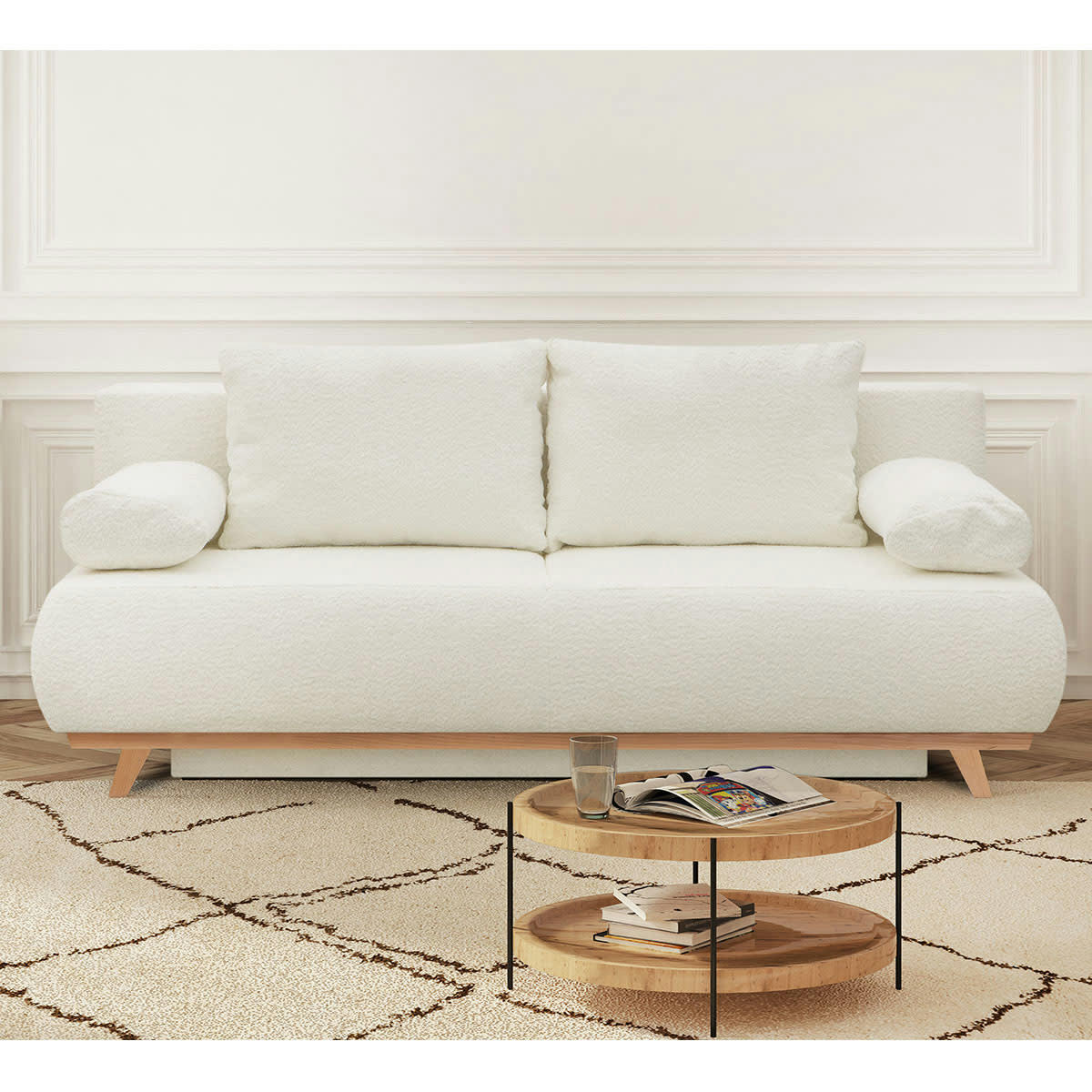 LARIA - Canapé convertible 3 places en tissu bouclette écru
