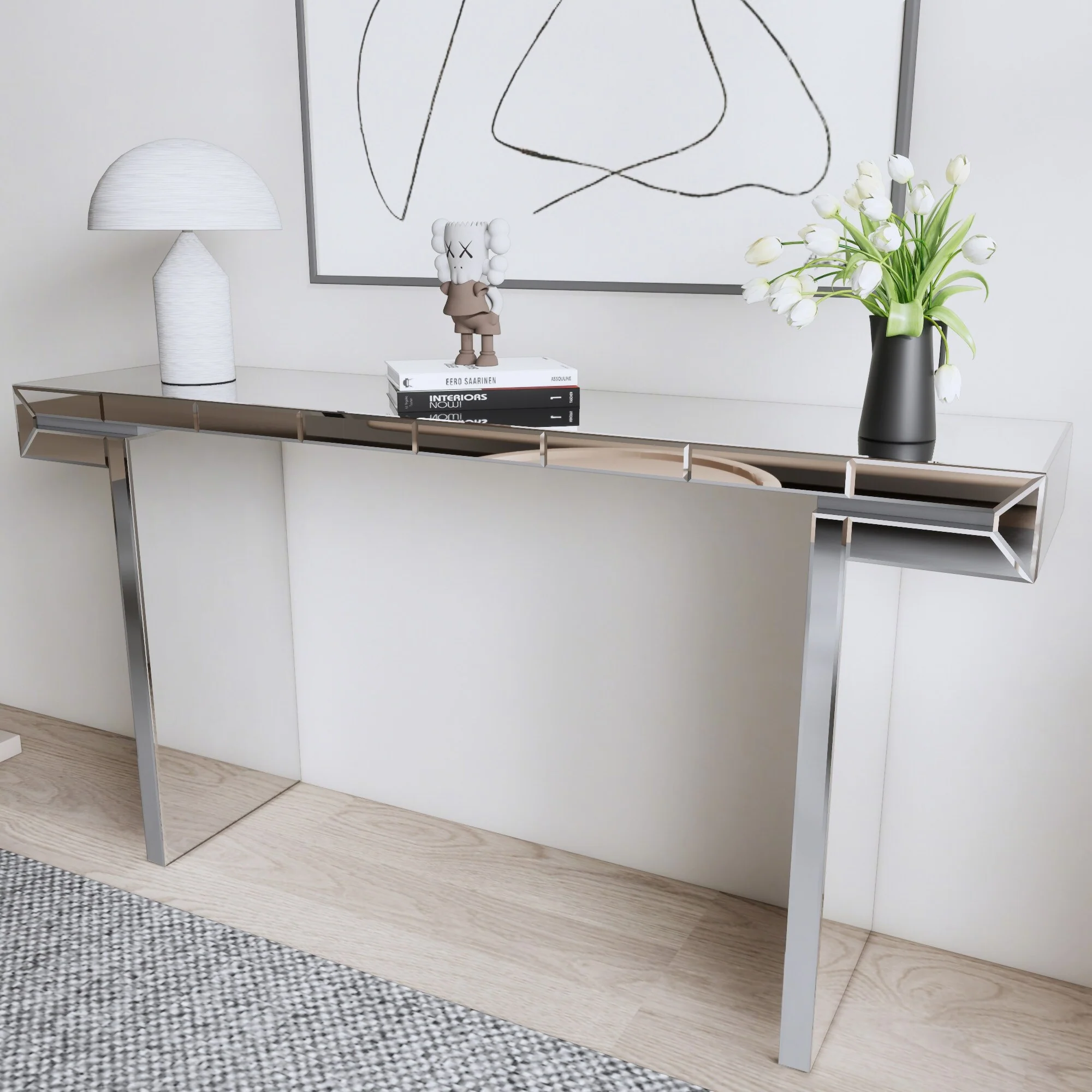 60 Inches Luxury Full-Length Mirror Console Table with Fluted Tempered Glass, Entryway Mirrored Sofa Table, Scratch-Resistant