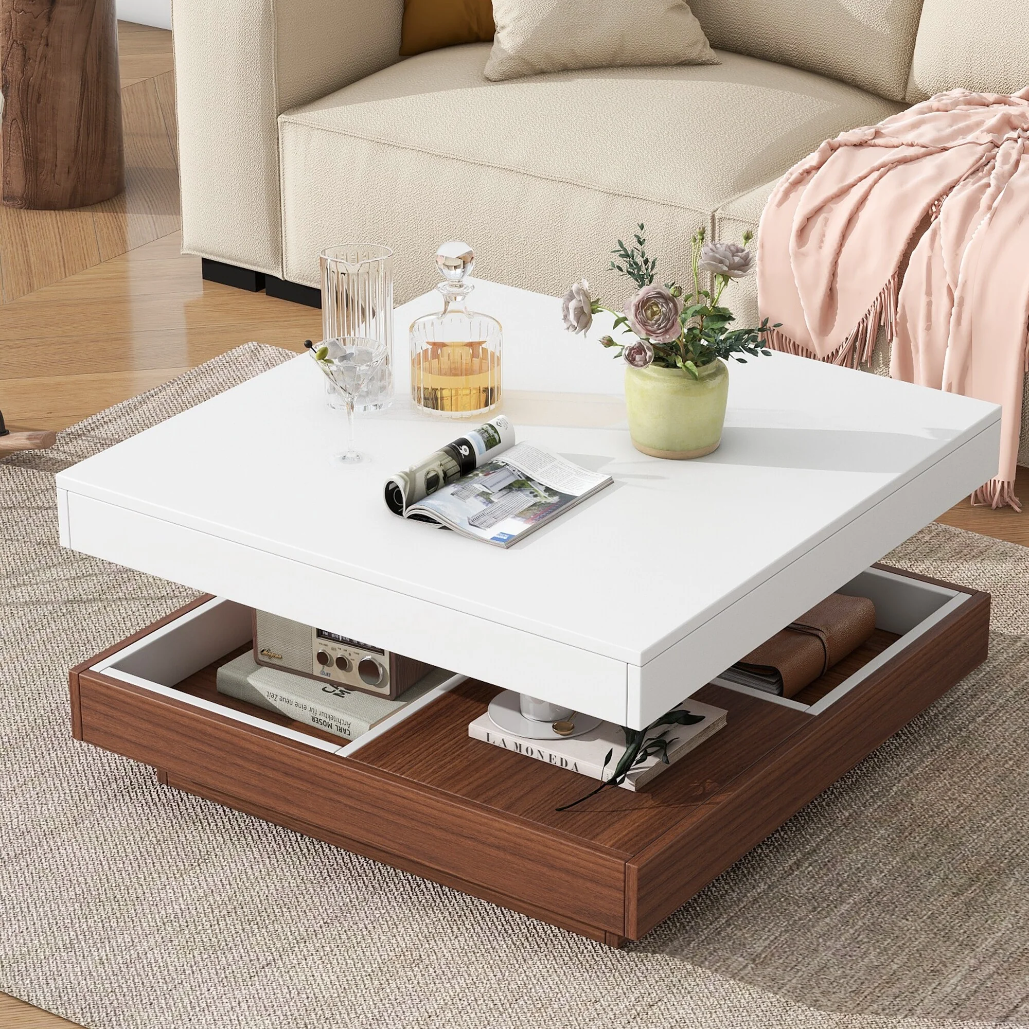 Modern Square 360°Rotating Coffee Table with Three Detachable Tray, 2-Tier Farmhouse Wood Center Table with Storage
