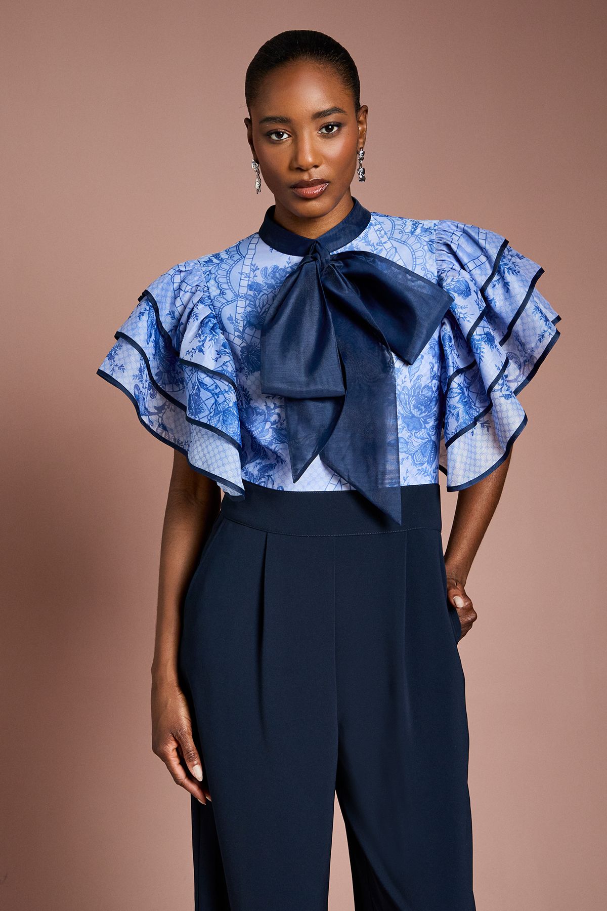 Coast Printed Organza Ruffle Sleeve Wide Leg Jumpsuit