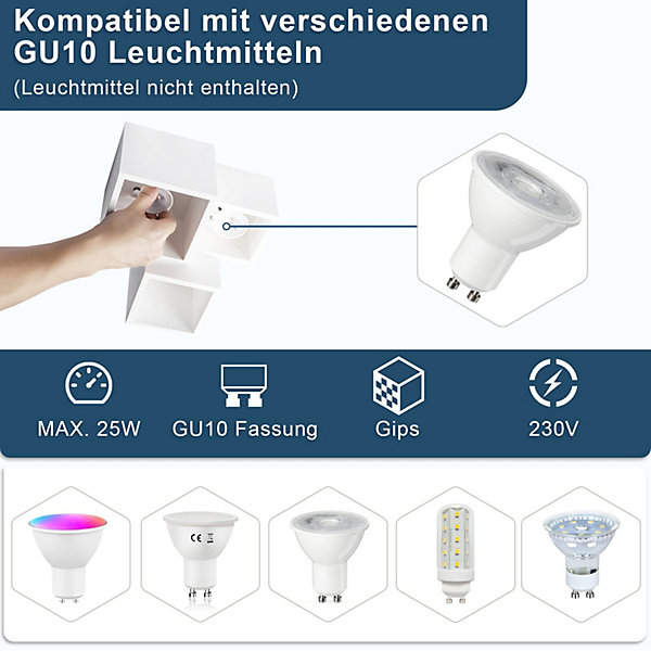 NETTLIFE Spot en saillie blanc GU10 spot en saillie carré 40W plâtre petit plafonnier moderne