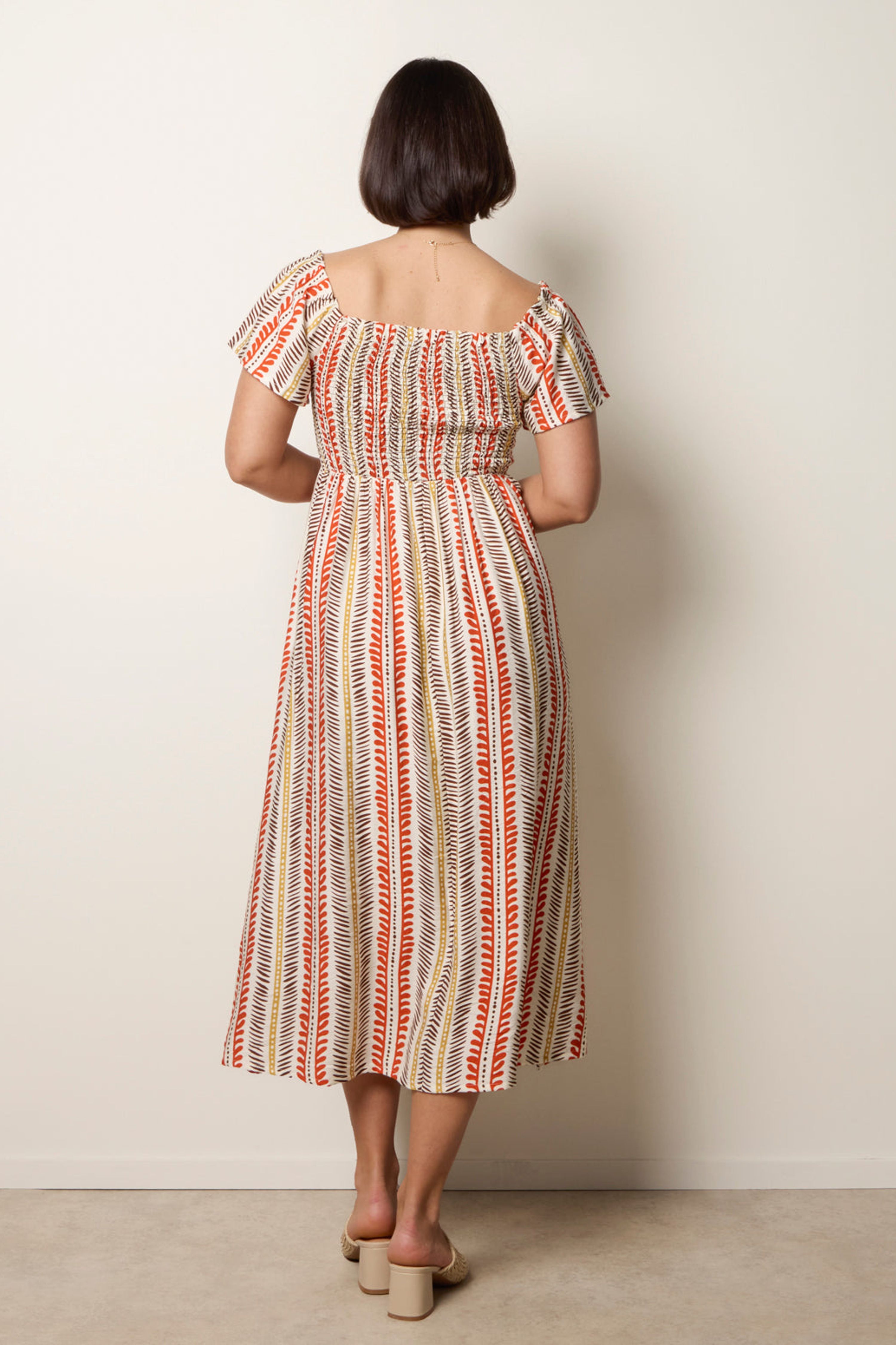 Blue Vanilla Orange Short Sleeve Shirred Waist Abstract Print Dress