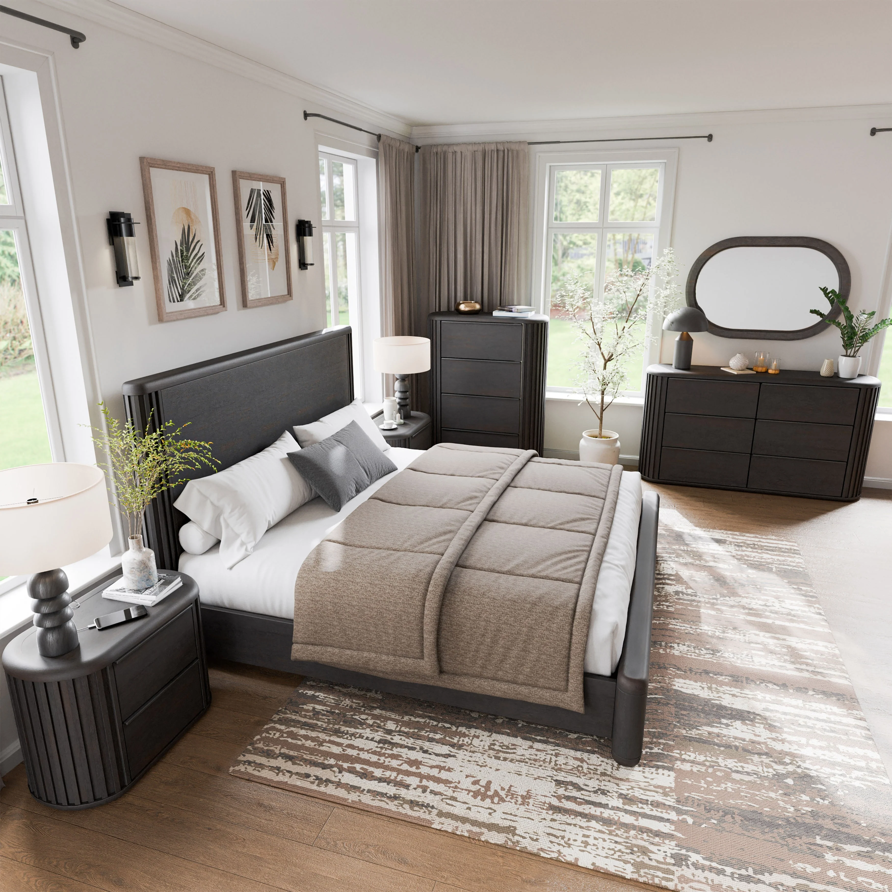 Furniture of America Caelan I Modern 6-Piece Black Solid Wood Fluted Panel Bedroom Set