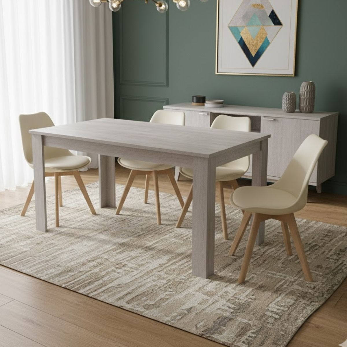 KOSY KOALA Modern Grey Dining Table Set With 4 Cream Chairs Dining Room Furniture