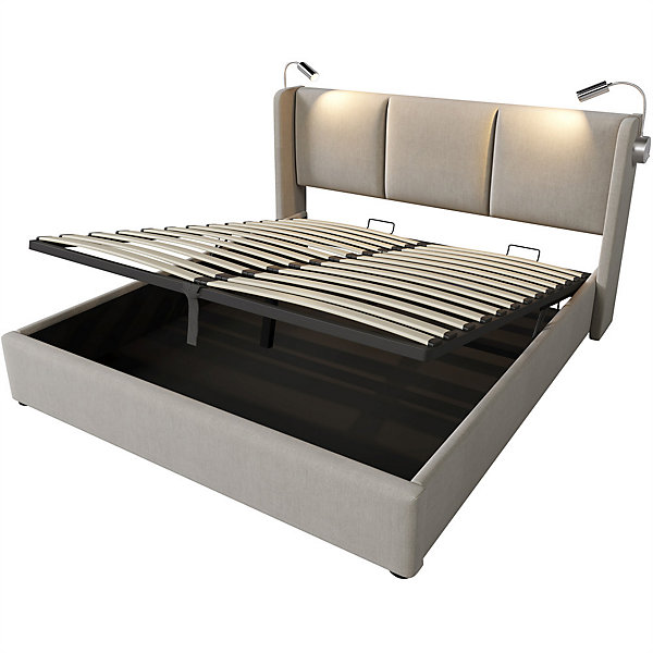 Lit rembourré 160x200cm lit de rangement lit lampe de lecture lit tête de lit avec fonction de chargement usb lit double lin beige