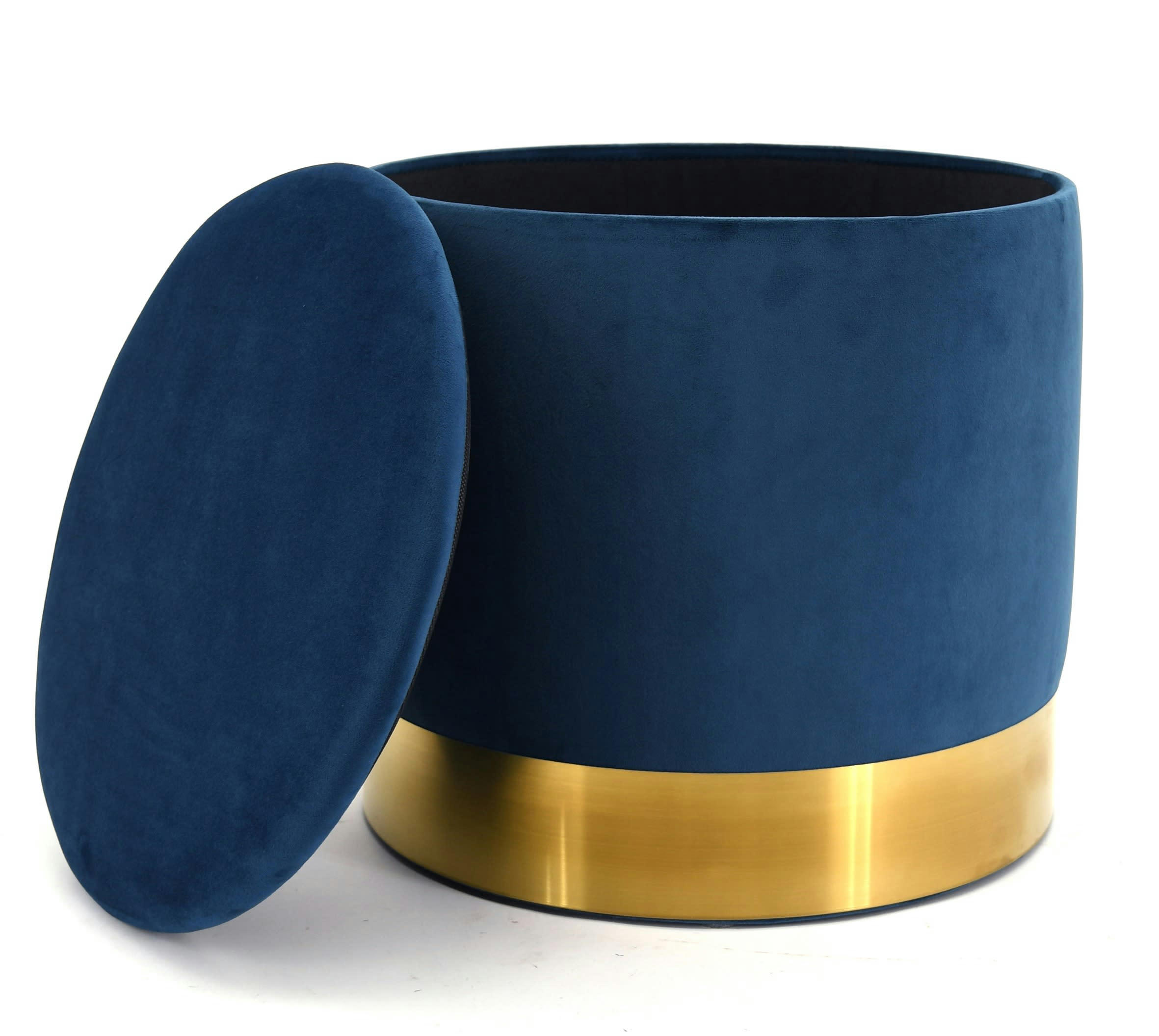 - Pouf coffre en velours et métal bleu/or