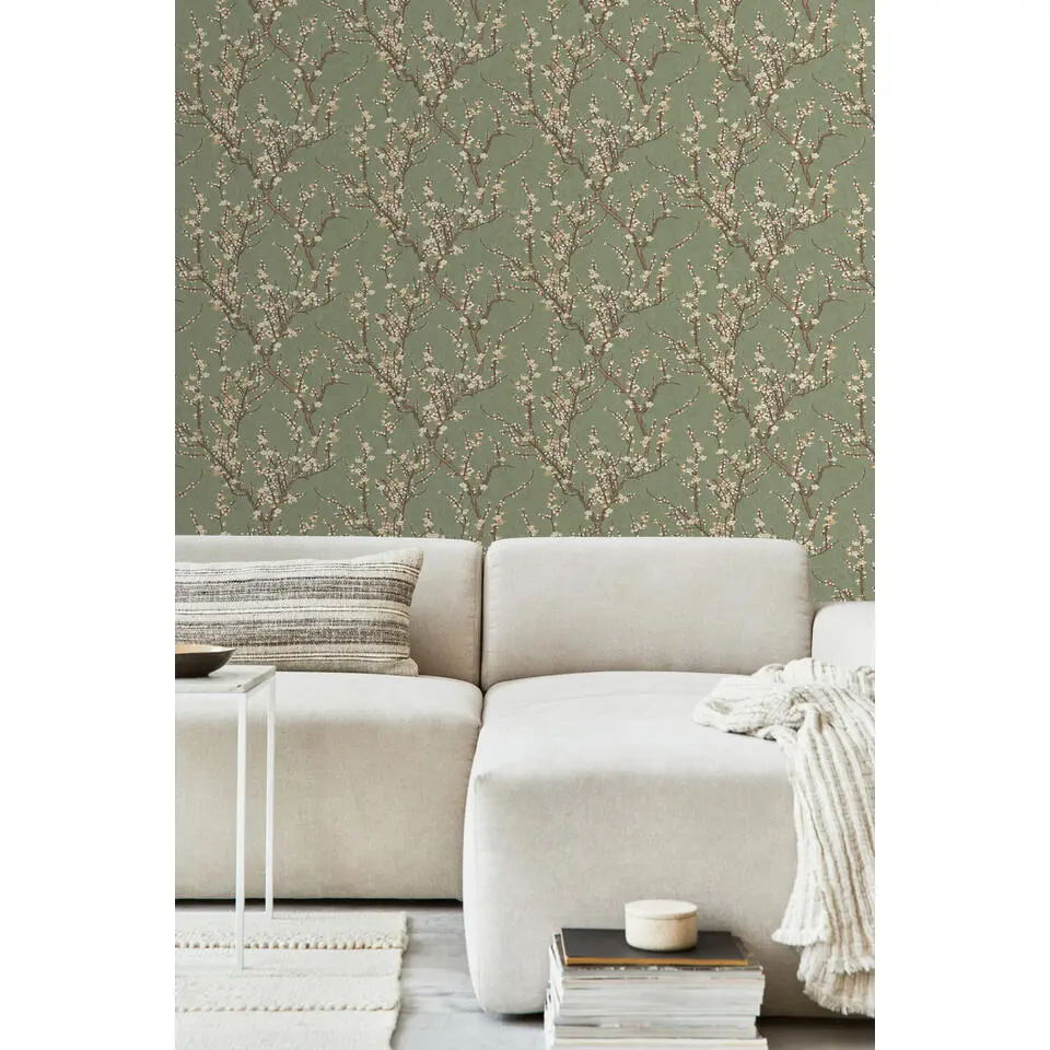 Sanders & Sanders behang bloesemtak vergrijsd olijfgroen en wit - 53 cm x 10 m