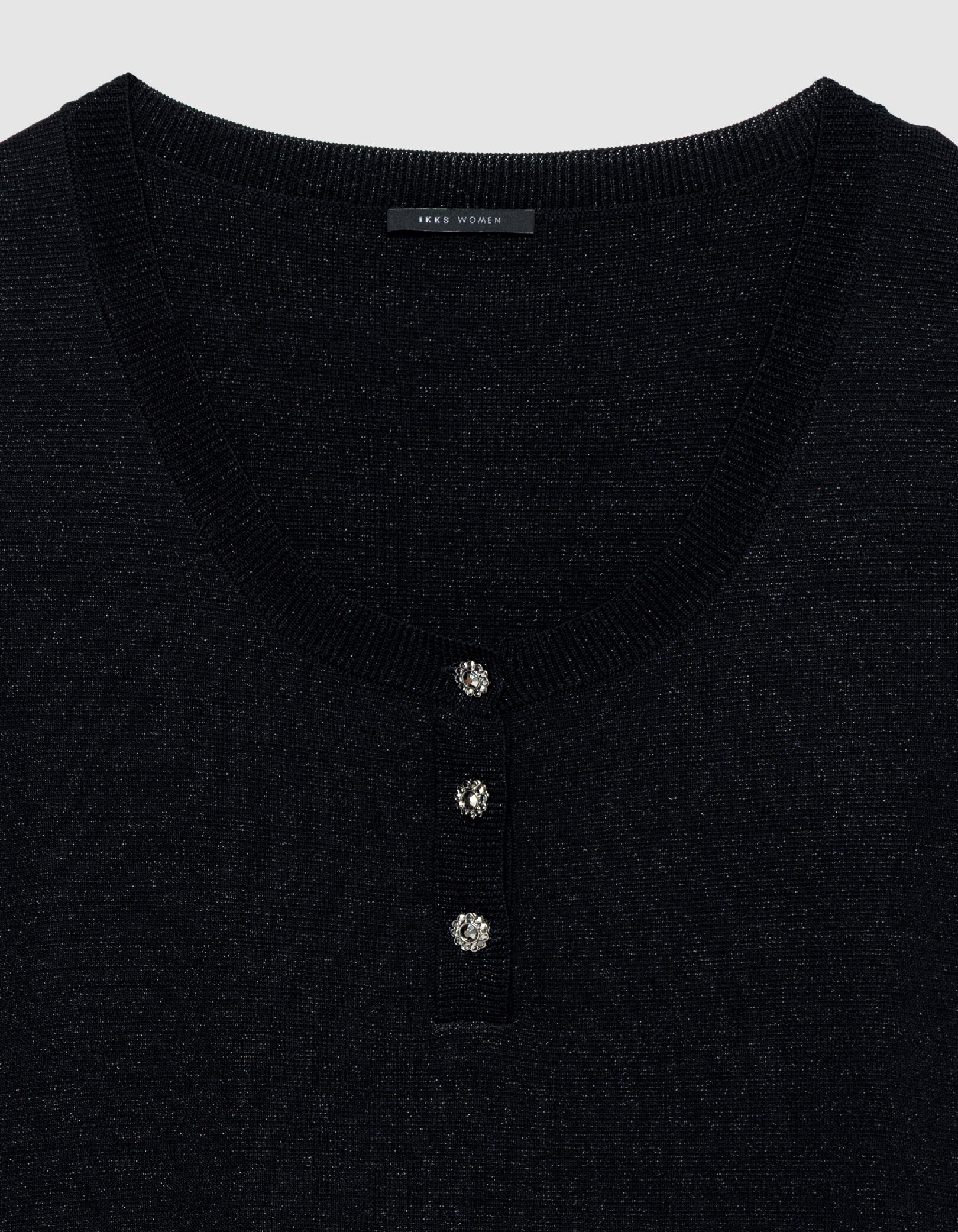 Pull fin noir pailleté encolure boutonnée Femme