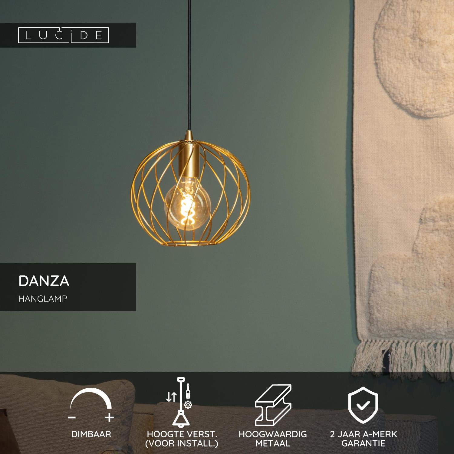Lucide DANZA Hanglamp - Mat Goud   Messing