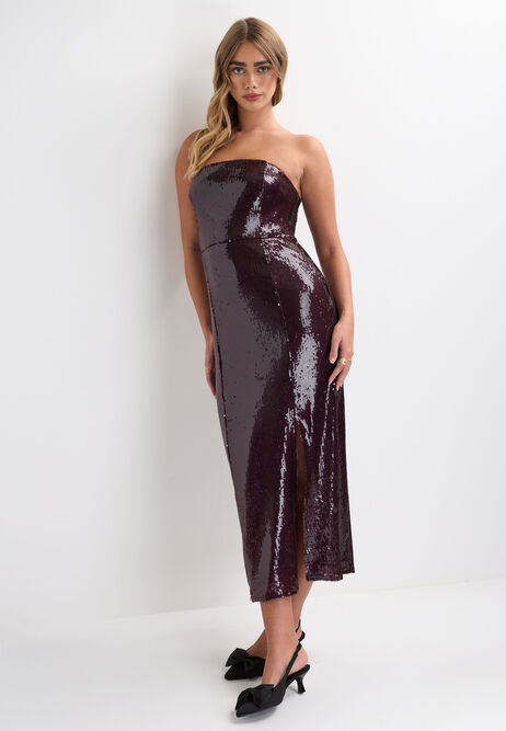 Womens Burgundy Sequin Bandeau Midi Dress