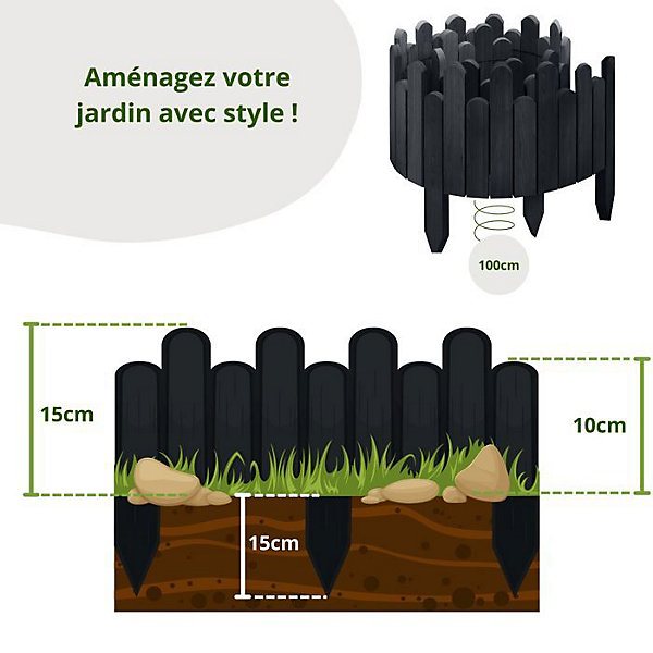 Floranica bordure jardin 15 cm, anthracite 100cm clôture bois flexible, palissade, rouleau bordure, clôture enfichable