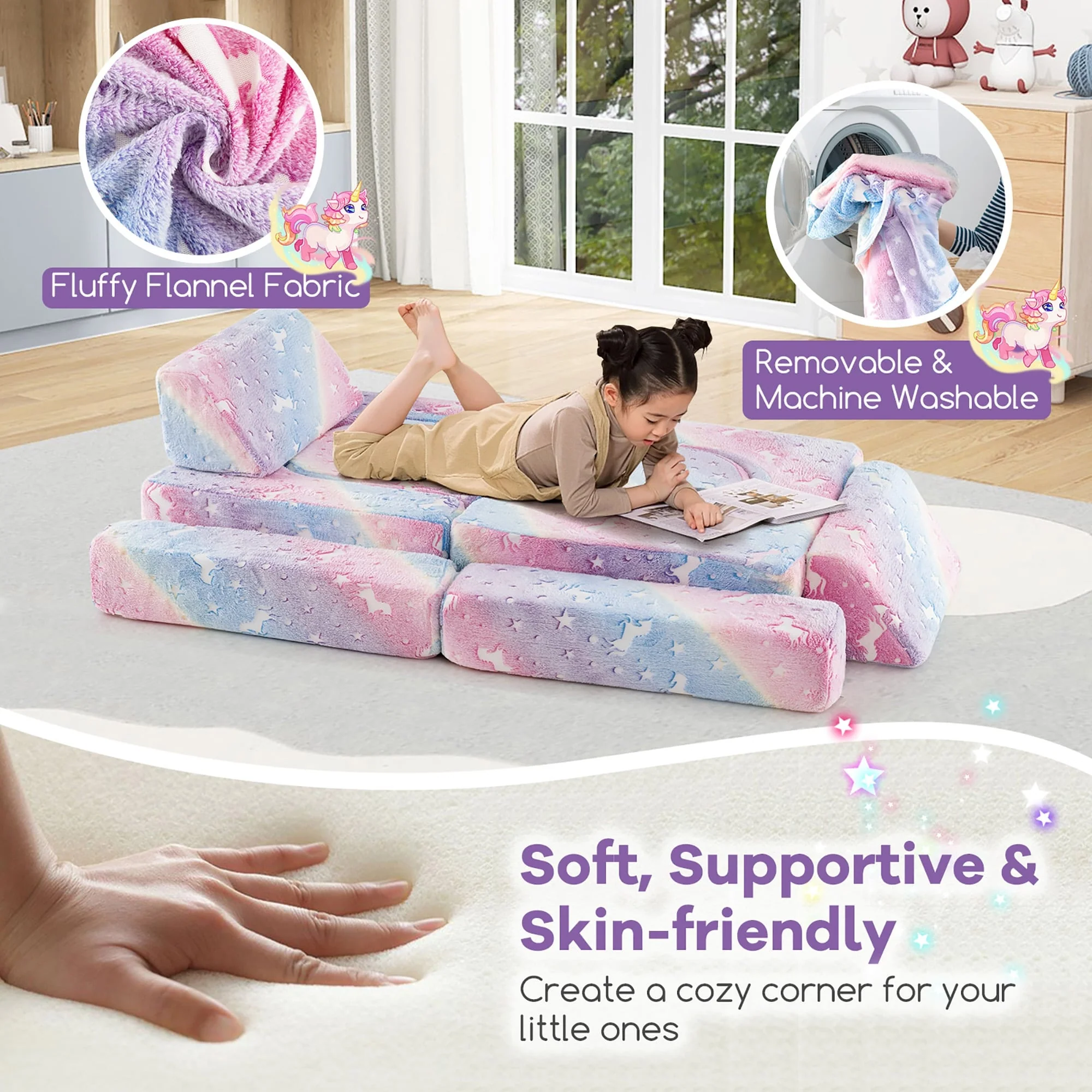 Gymax 10 Pcs Modular Kids Play Couch Sectional Sofa Glow in the Dark