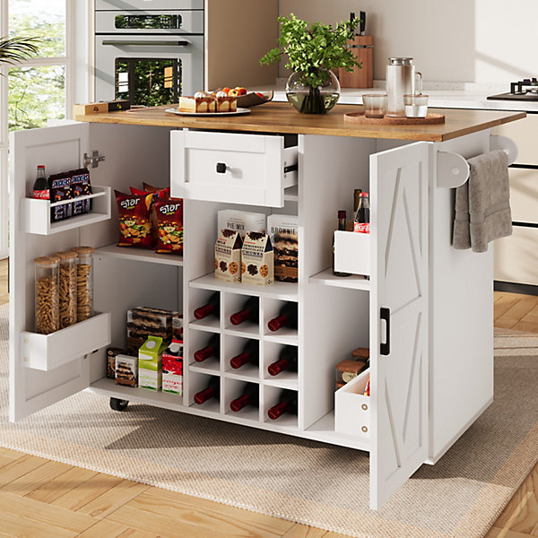 Îlots de Cuisine Multifonction, Espace de Rangement et Plan Extensible, Buffet de Cuisine en MDF et Métal, Blanc, 118x40x95,6 cm