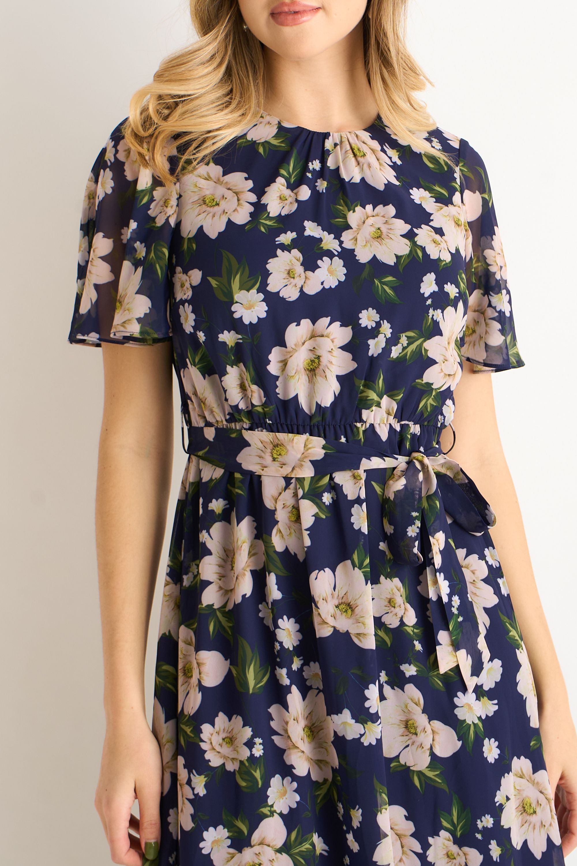 Gini London Navy Floral Print Fit and Flare Midi Dress