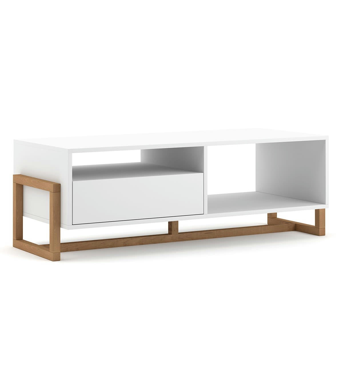 OSLO - Table basse 2 niches 1 tiroir avec pieds en hêtre L119 cm