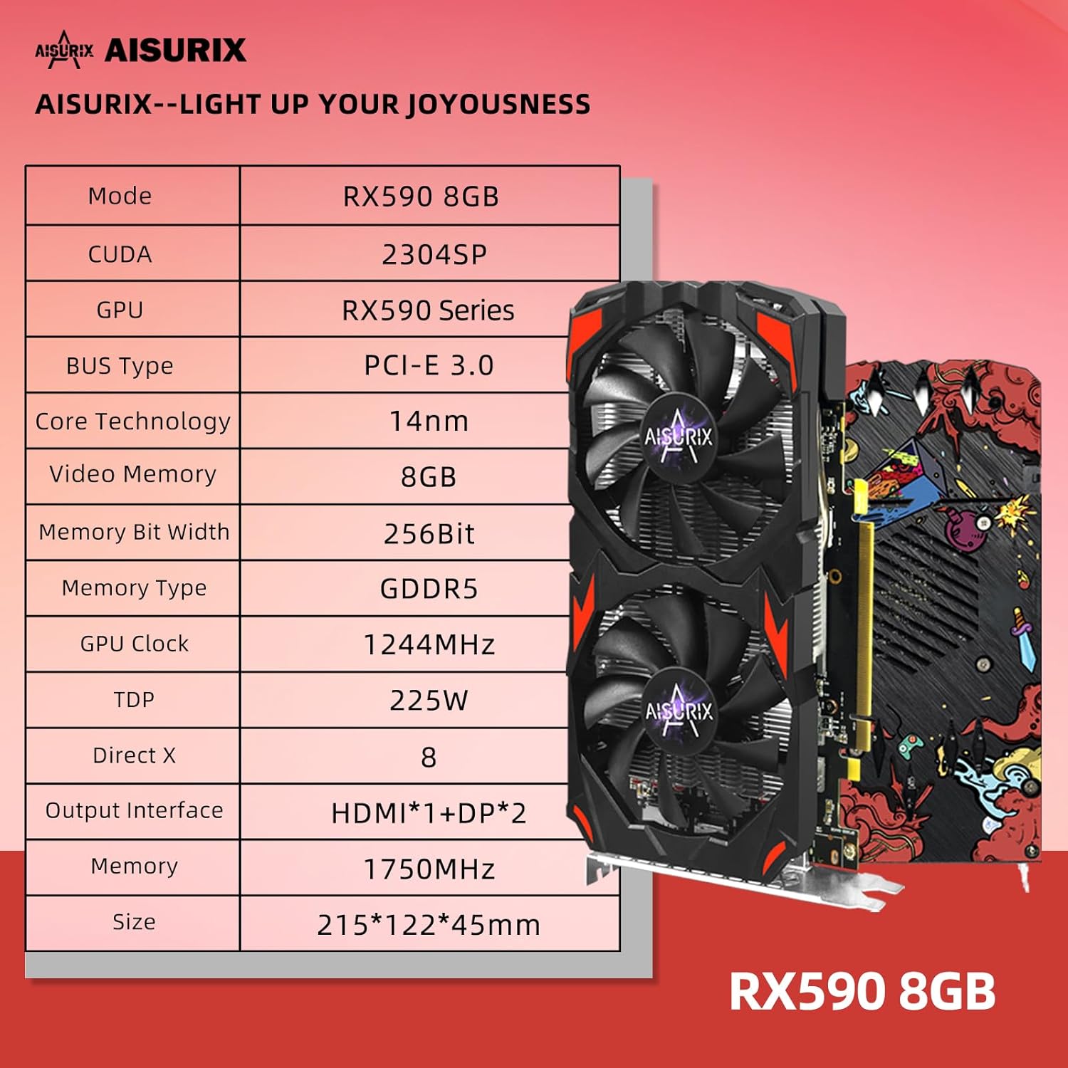AISURIX RX 590 Graphics Card, Real 8GB, GDDR5, 256 Bit, RX 580 2304SP Pc Gaming Video Card, 2XDP, HDMI, PCI Express 3.0 with Freeze Fans Graphics Card for Gaming pc