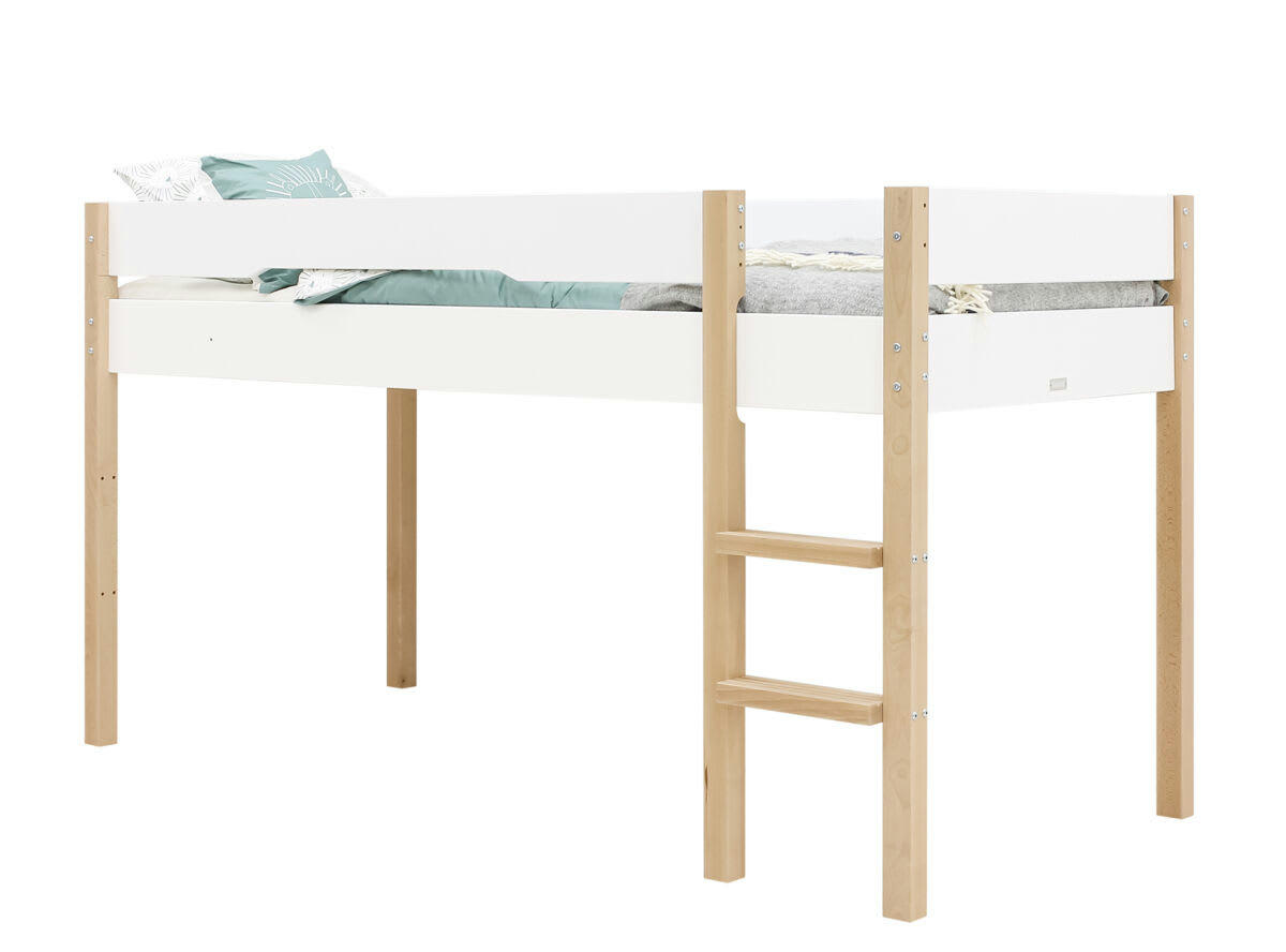 LUCAS - Lit mezzanine mi-hauteur 90x200 en MDF et hêtre blanc