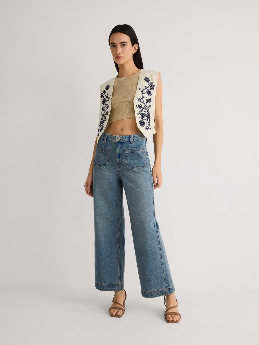Linen Blend Vest With Embroidery Detailing