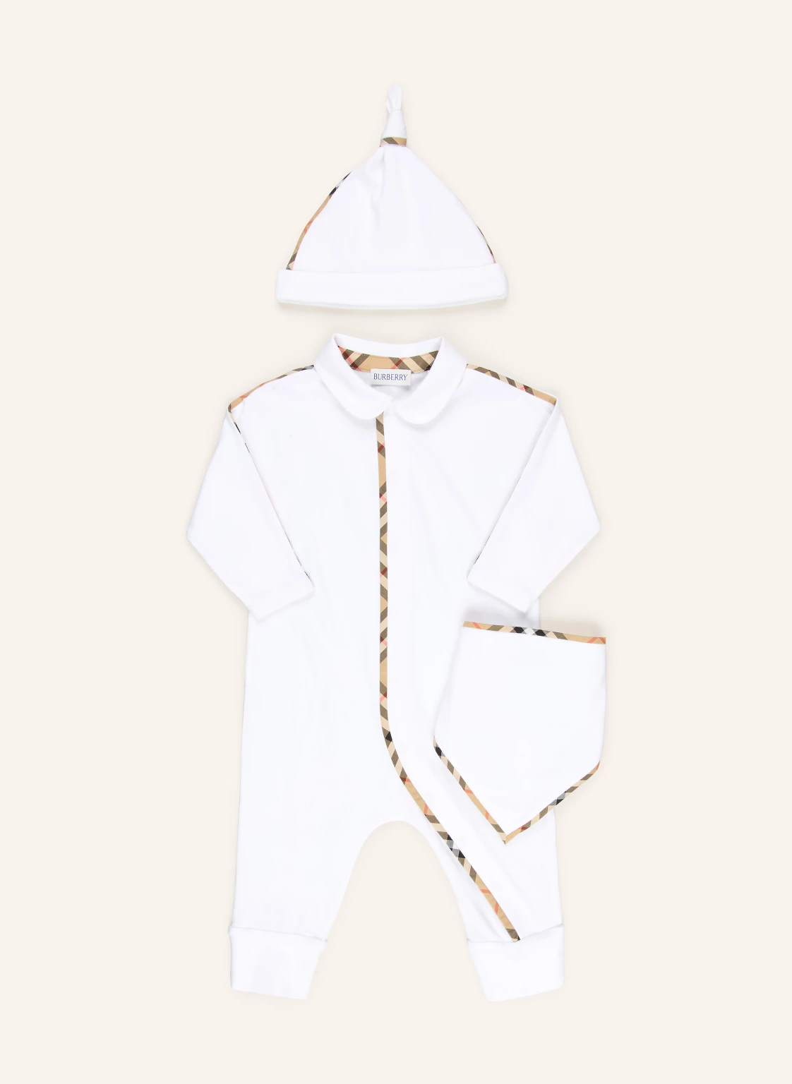 BURBERRY Set: Strampler, Mütze und Lätzchen