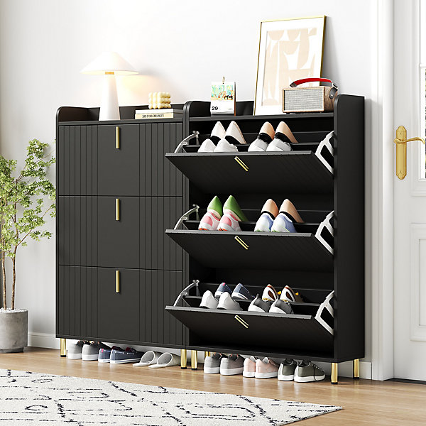 Meuble à Chaussures - Lot de 2 avec 6 Compartiments et étagères Réglables, Pieds et Poignées en Métal Doré, MDF, Noir