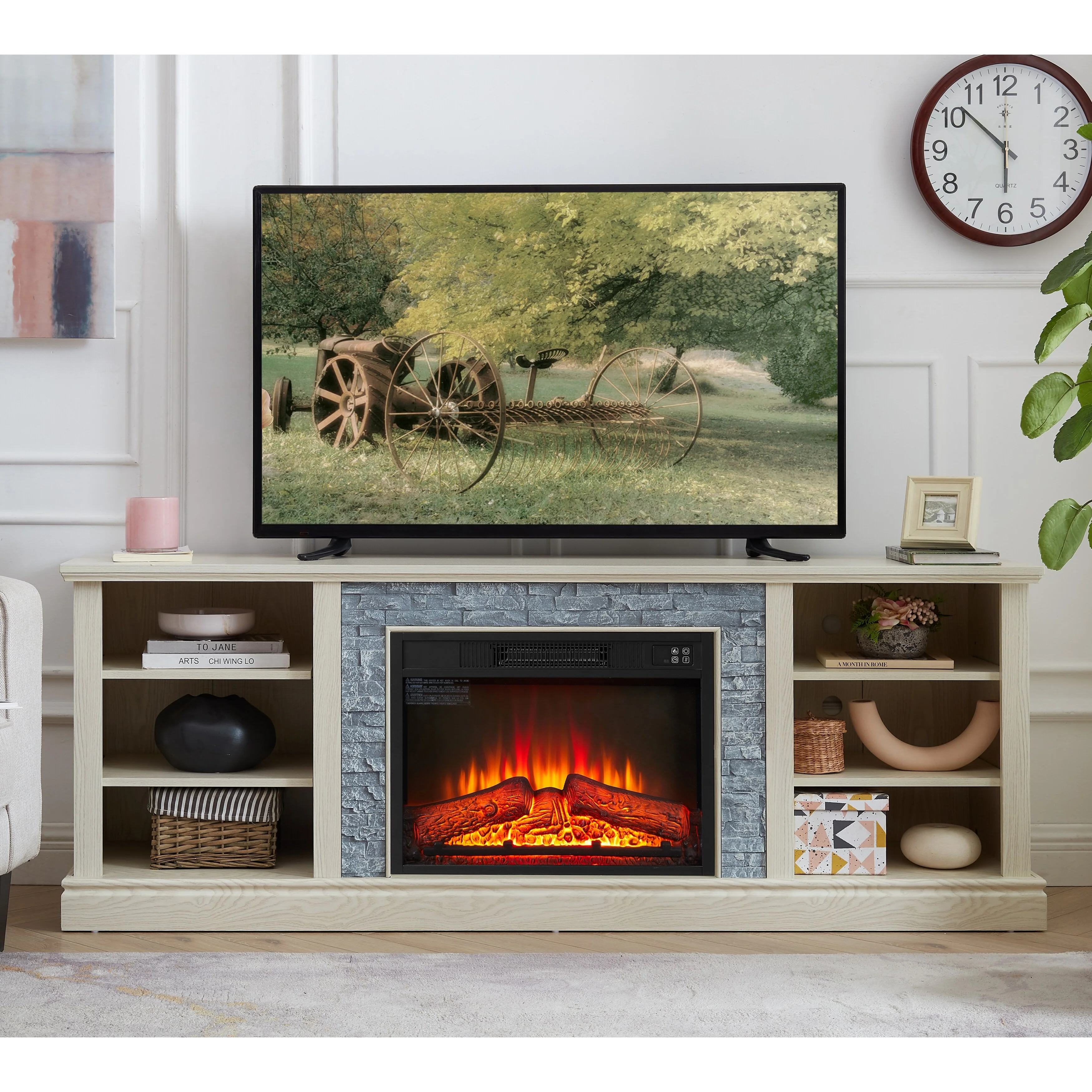 Large Faux Stacked Stone TV Media Stand with 23 Inch Fireplace Insert Modern Entertainment