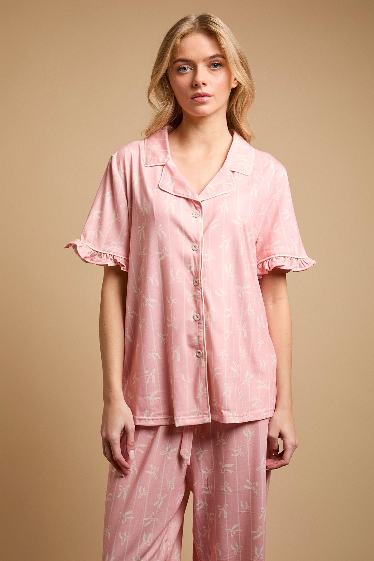 Oasis Pink Bows Short Sleeve Jersey Pyjama Set