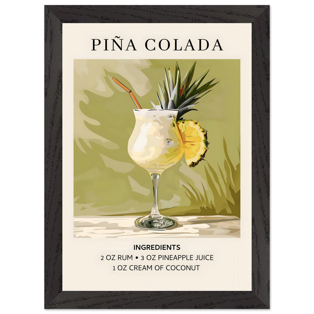 Artfulprints Poster met Lijst Piña Colada cocktail - Ingrediënten  - A4 21x29.7 cm - Groen